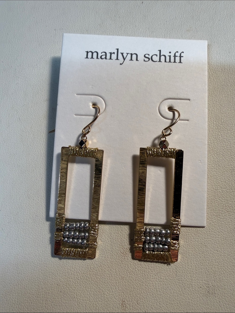 Marlyn Schiff Gold Rectangular Drop Earrings with Silver Bead Row